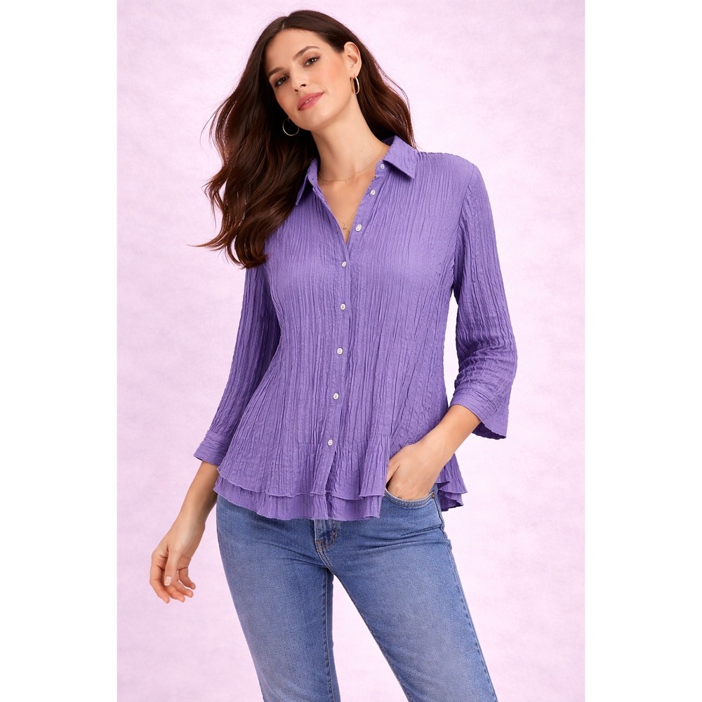 Christopher & Banks‎ Purple Crinkle Textured Button Down 3/4 Sleeve Top Blouse S